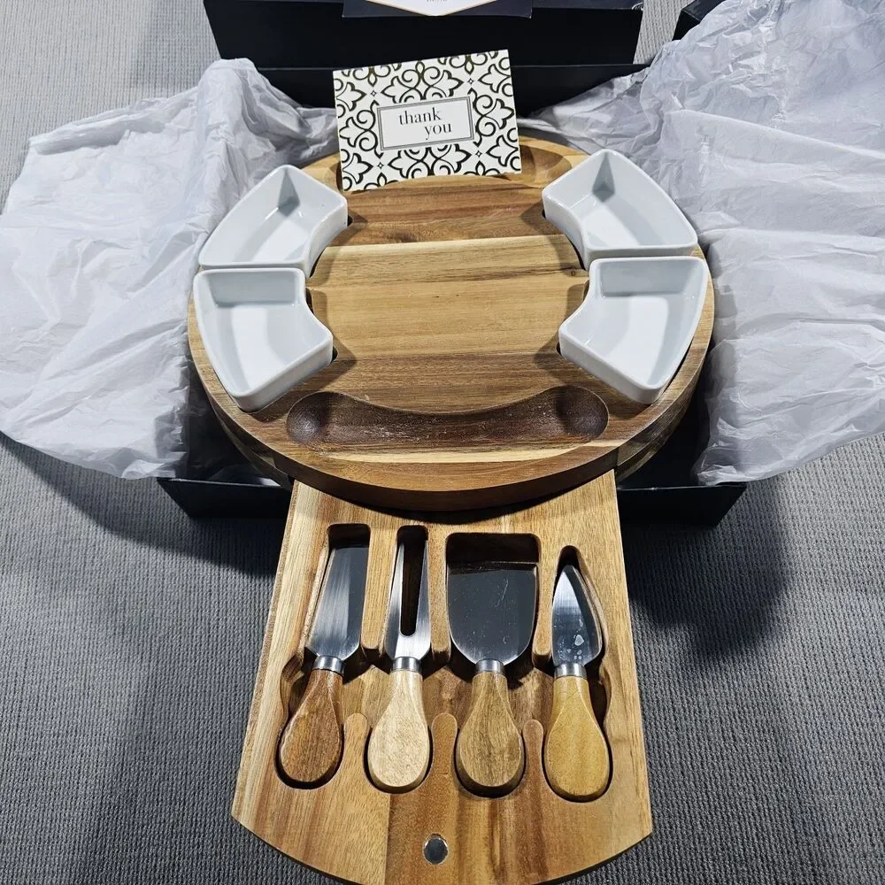 Acacia wood cheese board and cutlery set